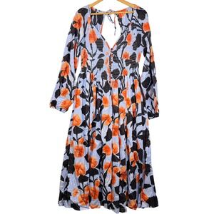 Masseys Fall Floral Smock Maxi Dress Blue Orange Boho Long Sleeve Cutout Back L